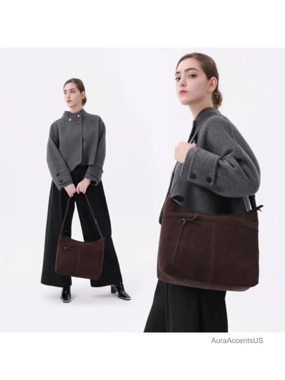 Genuine Suede Leather Hobo Handbag Adjustable Shoulder Crossbody Purse Zip Top